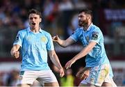 20 June 2025; Simon Power of St Patrick's Athletic celebrates with team-mate Aidan Keena, right, after scoring their side's first goal during the SSE Airtricity Men's Premier Division match between Galway United and St Patrick's Athletic at Eamonn Deacy Park in Galway. Photo by Piaras Ó Mídheach/Sportsfile