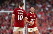 20 June 2025; Alex Mitchell of British & Irish Lions, right, and team-mate Fin Smith during the Lions 1888 Cup match between the British & Irish Lions and Argentina at the Aviva Stadium in Dublin. Photo by Brendan Moran/Sportsfile