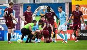 20 June 2025; Mason Melia of St Patrick's Athletic and Greg Cunningham of Galway United tussle during the SSE Airtricity Men's Premier Division match between Galway United and St Patrick's Athletic at Eamonn Deacy Park in Galway. Photo by Piaras Ó Mídheach/Sportsfile