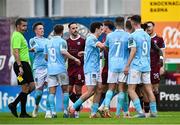 20 June 2025; Players tussle during the SSE Airtricity Men's Premier Division match between Galway United and St Patrick's Athletic at Eamonn Deacy Park in Galway. Photo by Piaras Ó Mídheach/Sportsfile