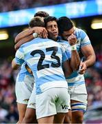 20 June 2025; Santiago Cordero of Argentina, 23, celebrates with team-mates after scoring their side's third try during the Lions 1888 Cup match between the British & Irish Lions and Argentina at the Aviva Stadium in Dublin. Photo by Brendan Moran/Sportsfile
