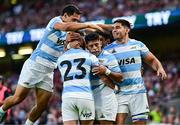 20 June 2025; Santiago Cordero of Argentina, 23, celebrates with team-mates after scoring their side's third try during the Lions 1888 Cup match between the British & Irish Lions and Argentina at the Aviva Stadium in Dublin. Photo by Brendan Moran/Sportsfile