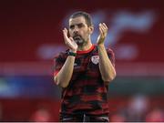 20 June 2025; Derry City manager Tiernan Lynch applauds their supporters after their victory in the SSE Airtricity Men's Premier Division match between Shelbourne and Derry City at Tolka Park in Dublin. Photo by Thomas Flinkow/Sportsfile