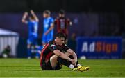 20 June 2025; Leigh Kavanagh of Bohemians reacts at the final whistle of the SSE Airtricity Men's Premier Division match between Waterford and Bohemians at the Regional Sports Centre in Waterford. Photo by Ben McShane/Sportsfile