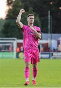 20 June 2025; Derry City goalkeeper Brian Maher applauds their supporters after their victory in the SSE Airtricity Men's Premier Division match between Shelbourne and Derry City at Tolka Park in Dublin. Photo by Thomas Flinkow/Sportsfile