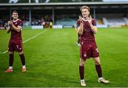 20 June 2025; Galway United players David Hurley and Cian Byrne, left, celebrate after their side's victory in the SSE Airtricity Men's Premier Division match between Galway United and St Patrick's Athletic at Eamonn Deacy Park in Galway. Photo by Piaras Ó Mídheach/Sportsfile