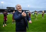 20 June 2025; Galway United manager John Caulfield celebrates after his side's victory in the SSE Airtricity Men's Premier Division match between Galway United and St Patrick's Athletic at Eamonn Deacy Park in Galway. Photo by Piaras Ó Mídheach/Sportsfile