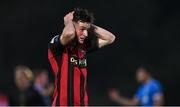 20 June 2025; James McManus of Bohemians reacts after the SSE Airtricity Men's Premier Division match between Waterford and Bohemians at the Regional Sports Centre in Waterford. Photo by Ben McShane/Sportsfile