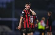 20 June 2025; James McManus of Bohemians reacts after the SSE Airtricity Men's Premier Division match between Waterford and Bohemians at the Regional Sports Centre in Waterford. Photo by Ben McShane/Sportsfile