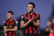 20 June 2025; Keith Buckley of Bohemians applauds to the travelling supporters after thier side's defeat in the SSE Airtricity Men's Premier Division match between Waterford and Bohemians at the Regional Sports Centre in Waterford. Photo by Ben McShane/Sportsfile
