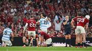 20 June 2025; Argentina players celebrate at the final whistle of the Lions 1888 Cup match between the British & Irish Lions and Argentina at the Aviva Stadium in Dublin. Photo by Brendan Moran/Sportsfile