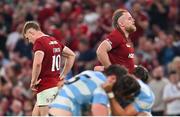 20 June 2025; Fin Smith, left, and Finlay Bealham of British & Irish Lions after their side's defeat in the Lions 1888 Cup match between the British & Irish Lions and Argentina at the Aviva Stadium in Dublin. Photo by Ramsey Cardy/Sportsfile