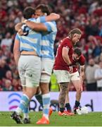 20 June 2025; Finlay Bealham, left, and Mack Hansen of British & Irish Lions after their side's defeat in the Lions 1888 Cup match between the British & Irish Lions and Argentina at the Aviva Stadium in Dublin. Photo by Ramsey Cardy/Sportsfile
