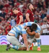 20 June 2025; Fin Smith, left, and Finlay Bealham of British & Irish Lions after their side's defeat in the Lions 1888 Cup match between the British & Irish Lions and Argentina at the Aviva Stadium in Dublin. Photo by Ramsey Cardy/Sportsfile