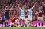 20 June 2025; Argentina players, including Francisco Coria Marchetti, left, and Santiago Grondona celebrate at the final whistle of the Lions 1888 Cup match between the British & Irish Lions and Argentina at the Aviva Stadium in Dublin. Photo by Ramsey Cardy/Sportsfile