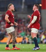 20 June 2025; Finlay Bealham of British & Irish Lions, left, and team-mate Tadhg Furlong after the Lions 1888 Cup match between the British & Irish Lions and Argentina at the Aviva Stadium in Dublin. Photo by Ramsey Cardy/Sportsfile
