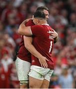 20 June 2025; British & Irish Lions players Tadhg Beirne, left, and Ellis Genge after the Lions 1888 Cup match between the British & Irish Lions and Argentina at the Aviva Stadium in Dublin. Photo by Brendan Moran/Sportsfile