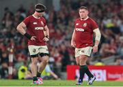 20 June 2025; Tadhg Furlong of British & Irish Lions, right, and team-mate Tom Curry during the Lions 1888 Cup match between the British & Irish Lions and Argentina at the Aviva Stadium in Dublin. Photo by Ramsey Cardy/Sportsfile