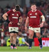20 June 2025; Tadhg Furlong of British & Irish Lions, right, and team-mate Tom Curry during the Lions 1888 Cup match between the British & Irish Lions and Argentina at the Aviva Stadium in Dublin. Photo by Ramsey Cardy/Sportsfile