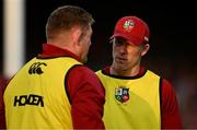 20 June 2025; British & Irish Lions strength & conditioning coach Dan Tobin, right, and Tadhg Furlong of British & Irish Lions during the Lions 1888 Cup match between the British & Irish Lions and Argentina at the Aviva Stadium in Dublin. Photo by Brendan Moran/Sportsfile