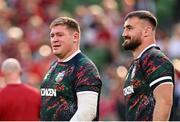 20 June 2025; British & Irish Lions players Tadhg Furlong, left, and Rónan Kelleher before the Lions 1888 Cup match between the British & Irish Lions and Argentina at the Aviva Stadium in Dublin. Photo by Ramsey Cardy/Sportsfile
