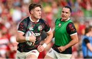 20 June 2025; Tommy Freeman, left, and James Lowe of British & Irish Lions during the Lions 1888 Cup match between the British & Irish Lions and Argentina at the Aviva Stadium in Dublin. Photo by Ramsey Cardy/Sportsfile