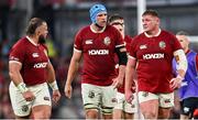 20 June 2025; British & Irish Lions players, from left, Pierre Schoeman, Tadhg Beirne and Tadhg Furlong during the Lions 1888 Cup match between the British & Irish Lions and Argentina at the Aviva Stadium in Dublin. Photo by Ramsey Cardy/Sportsfile