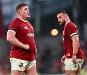 20 June 2025; Tadhg Furlong, left, and Rónan Kelleher of British & Irish Lions during the Lions 1888 Cup match between the British & Irish Lions and Argentina at the Aviva Stadium in Dublin. Photo by Ramsey Cardy/Sportsfile