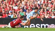 20 June 2025; Ignacio Mendy of Argentina scores his side's first try despite the tackle of Tommy Freeman of British & Irish Lions during the Lions 1888 Cup match between the British & Irish Lions and Argentina at the Aviva Stadium in Dublin. Photo by Ramsey Cardy/Sportsfile