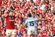 20 June 2025; Ignacio Mendy of Argentina, right, celebrates with teammate Santiago Carreras after scoring their side's first try during the Lions 1888 Cup match between the British & Irish Lions and Argentina at the Aviva Stadium in Dublin. Photo by Ramsey Cardy/Sportsfile