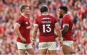 20 June 2025; British & Irish Lions players, from left, Fin Smith, Sione Tuipulotu and Bundee Aki during the Lions 1888 Cup match between the British & Irish Lions and Argentina at the Aviva Stadium in Dublin. Photo by Ramsey Cardy/Sportsfile