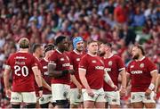 20 June 2025; British & Irish Lions forwards, from left to right, Henry Pollock, Ben Earl, Tom Curry, Maro Itoje, Tadhg Beirne, Tadhg Furlong, Rónan Kelleher and Pierre Schoeman during the Lions 1888 Cup match between the British & Irish Lions and Argentina at the Aviva Stadium in Dublin. Photo by Ramsey Cardy/Sportsfile