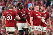 20 June 2025; British & Irish Lions forwards, from left to right, Henry Pollock, Ben Earl, Maro Itoje, Tadhg Beirne, Tadhg Furlong and Rónan Kelleher during the Lions 1888 Cup match between the British & Irish Lions and Argentina at the Aviva Stadium in Dublin. Photo by Ramsey Cardy/Sportsfile