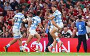 20 June 2025; Tomas Albornoz and Santiago Carreras of Argentina celebrate winning the Lions 1888 Cup match between the British & Irish Lions and Argentina at the Aviva Stadium in Dublin. Photo by Ramsey Cardy/Sportsfile