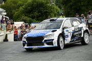 21 June 2025; Callum Devine and Noel O'Sullivan compete in their Skoda Fabia RS  during day two of the Wilton Recycling Donegal International Rally at Letterkenny in Donegal. Photo by Philip Fitzpatrick/Sportsfile