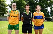 21 June 2025; Referee Angela Gallagher with Donegal captain Roisin Rodgers, left, and Tipperary captain Lauren Fitzpatrick before the TG4 All-Ireland Ladies Football Senior Championship Group 1 match between Tipperary and Donegal at Canon Hayes Park in Bansha, Tipperary. Photo by Seb Daly/Sportsfile