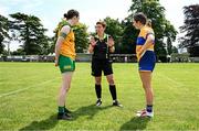 21 June 2025; Referee Angela Gallagher with Donegal captain Roisin Rodgers, left, and Tipperary captain Lauren Fitzpatrick before the TG4 All-Ireland Ladies Football Senior Championship Group 1 match between Tipperary and Donegal at Canon Hayes Park in Bansha, Tipperary. Photo by Seb Daly/Sportsfile