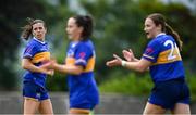 21 June 2025; Anna Rose Kennedy of Tipperary, left, after kicking a point during the TG4 All-Ireland Ladies Football Senior Championship Group 1 match between Tipperary and Donegal at Canon Hayes Park in Bansha, Tipperary. Photo by Seb Daly/Sportsfile