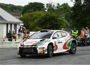 21 June 2025;  Meirion Evans and Ger Conway compete in their Toyota GR Yaris Rally 2 during day two of the Wilton Recycling Donegal International Rally at Letterkenny in Donegal. Photo by Philip Fitzpatrick/Sportsfile