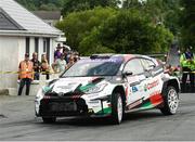 21 June 2025;  William Creighton and Liam Regan compete in their Toyota Yaris during day two of the Wilton Recycling Donegal International Rally at Letterkenny in Donegal. Photo by Philip Fitzpatrick/Sportsfile