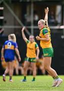 21 June 2025; Jodie McFadden of Donegal after scoring her side's first goal during the TG4 All-Ireland Ladies Football Senior Championship Group 1 match between Tipperary and Donegal at Canon Hayes Park in Bansha, Tipperary. Photo by Seb Daly/Sportsfile