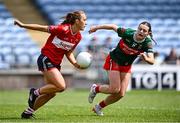 21 June 2025; Sarah Leahy of Cork in action against Sinéad Walsh of Mayo during the TG4 All-Ireland Ladies Football Senior Championship Group 2 match between Mayo and Cork at Hastings Insurance MacHale Park in Castlebar, Mayo. Photo by Piaras Ó Mídheach/Sportsfile