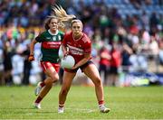 21 June 2025; Máire O'Callaghan of Cork in action against Lynda Hanley of Mayo during the TG4 All-Ireland Ladies Football Senior Championship Group 2 match between Mayo and Cork at Hastings Insurance MacHale Park in Castlebar, Mayo. Photo by Piaras Ó Mídheach/Sportsfile