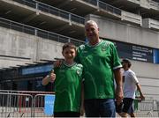 21 June 2025; Jake Collins and his grandfather Bobby Byrne from Ahane GAA before the GAA Hurling All-Ireland Senior Championship quarter-final match between Dublin and Limerick at Croke Park in Dublin. Photo by John Sheridan/Sportsfile