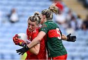 21 June 2025; Rosie Corkery of Cork in action against Danielle Caldwell of Mayo during the TG4 All-Ireland Ladies Football Senior Championship Group 2 match between Mayo and Cork at Hastings Insurance MacHale Park in Castlebar, Mayo. Photo by Piaras Ó Mídheach/Sportsfile