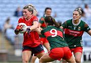 21 June 2025; Rosie Corkery of Cork in action against Mayo players Saoirse Lally, 9 and Danielle Caldwell during the TG4 All-Ireland Ladies Football Senior Championship Group 2 match between Mayo and Cork at Hastings Insurance MacHale Park in Castlebar, Mayo. Photo by Piaras Ó Mídheach/Sportsfile
