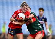 21 June 2025; Rosie Corkery of Cork in action against Saoirse Lally of Mayo during the TG4 All-Ireland Ladies Football Senior Championship Group 2 match between Mayo and Cork at Hastings Insurance MacHale Park in Castlebar, Mayo. Photo by Piaras Ó Mídheach/Sportsfile