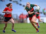 21 June 2025; Hannah Reape of Mayo gets away from Melissa Duggan of Cork during the TG4 All-Ireland Ladies Football Senior Championship Group 2 match between Mayo and Cork at Hastings Insurance MacHale Park in Castlebar, Mayo. Photo by Piaras Ó Mídheach/Sportsfile