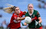 21 June 2025; Hannah Reape of Mayo in action against Máire O'Callaghan of Cork during the TG4 All-Ireland Ladies Football Senior Championship Group 2 match between Mayo and Cork at Hastings Insurance MacHale Park in Castlebar, Mayo. Photo by Piaras Ó Mídheach/Sportsfile