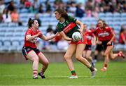 21 June 2025; Clodagh Keane of Mayo in action against Shauna Kelly during the TG4 All-Ireland Ladies Football Senior Championship Group 2 match between Mayo and Cork at Hastings Insurance MacHale Park in Castlebar, Mayo. Photo by Piaras Ó Mídheach/Sportsfile